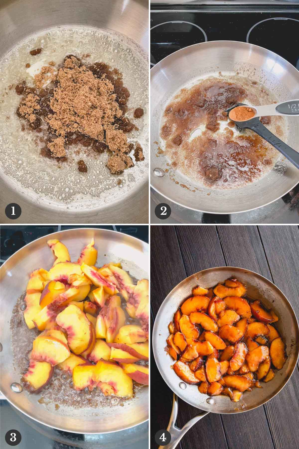 4 step by step photos of making caramelized peaches in a skillet.