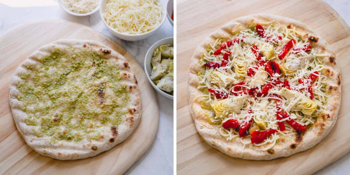 Side by side photos of putting the toppings on a grilled pizza crust.