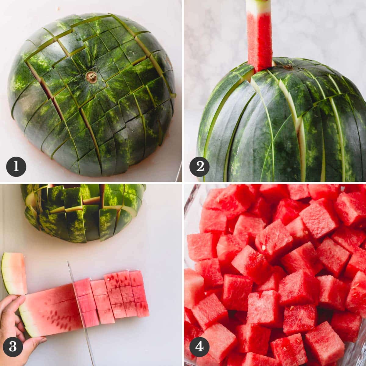 Step by step photos of cutting a watermelon into cubes.