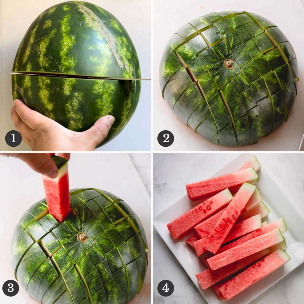 Step by step photos of cutting a watermelon into sticks.
