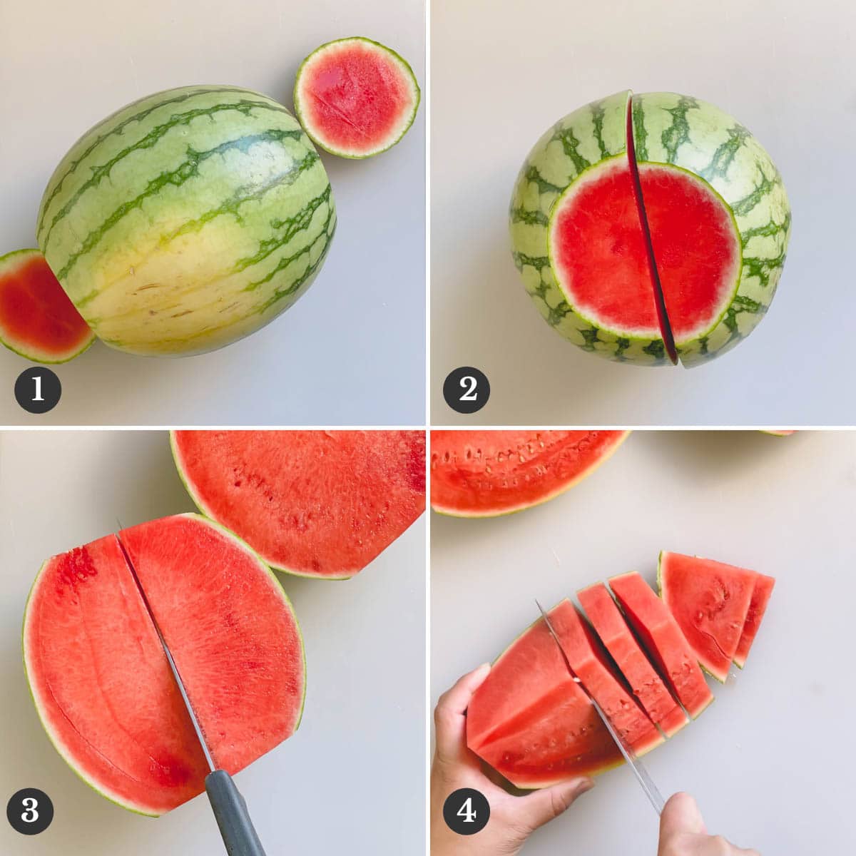 Step by step photos of cutting a watermelon into wedges.