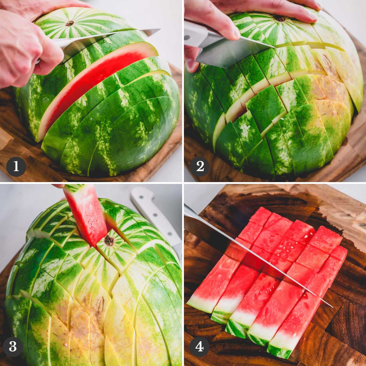 Step by step photos of cutting a watermelon into cubes.