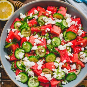 Watermelon feta salad in a large serving plate.