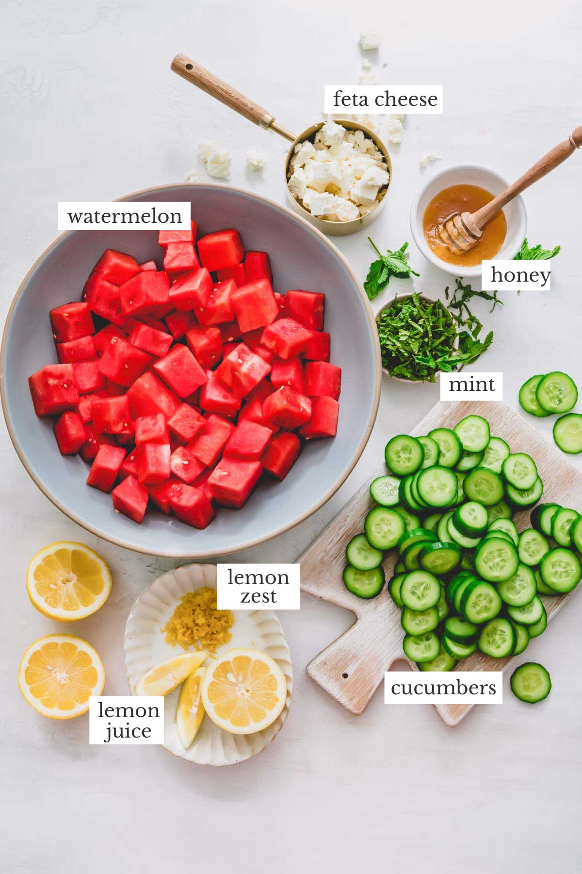 Watermelon feta salad ingredients.