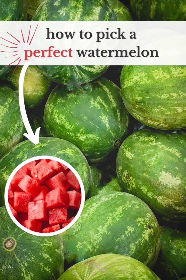 Bunch of watermelons with a label how to pick a perfect watermelon.