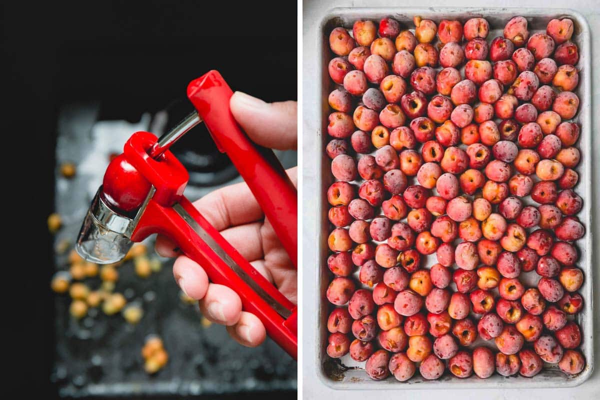Side by side image of using cherry pitter and frozen cherries on a baking sheet.