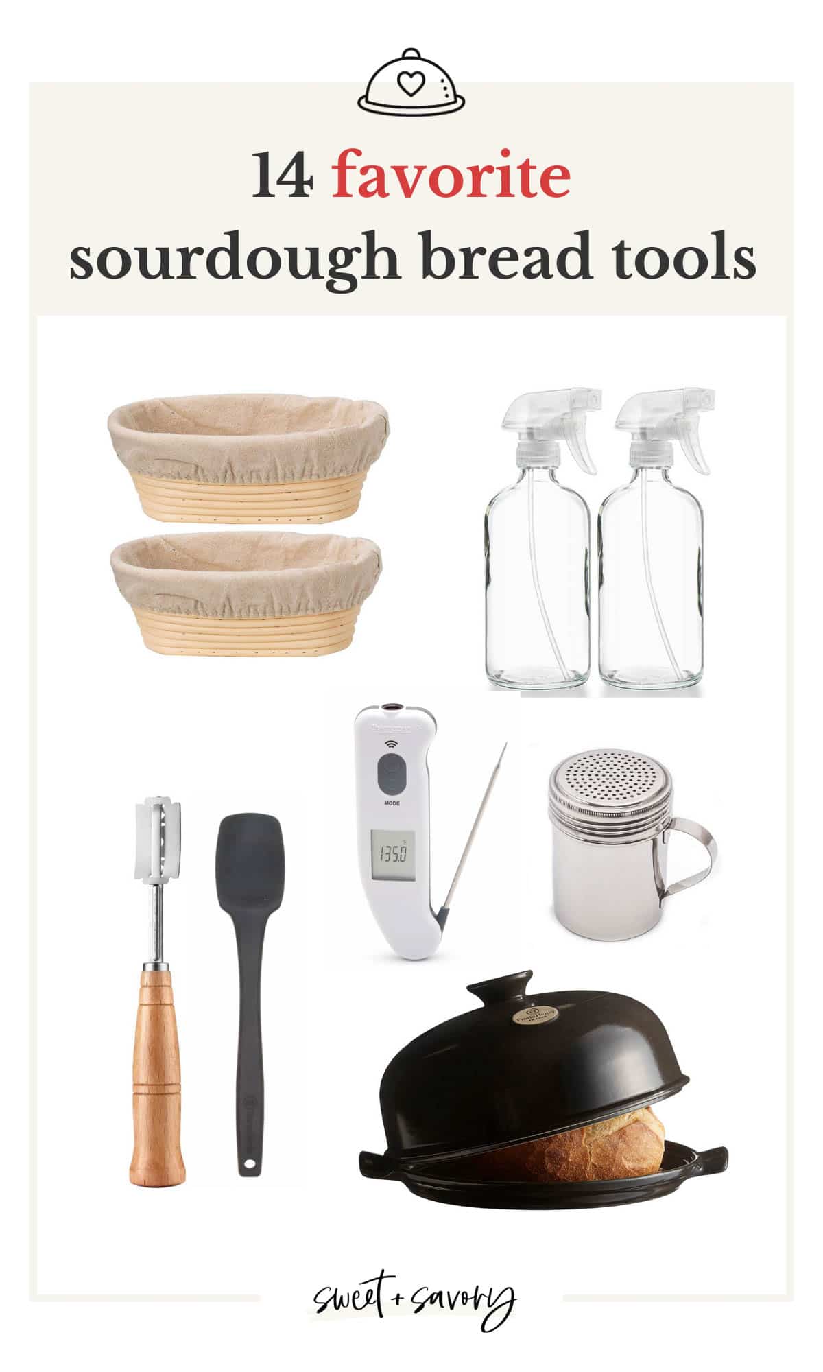 Image of 2 banneton baskets, 2 sprayer bottles, lame, spatula, thermapen, flour shaker and bread cloche.