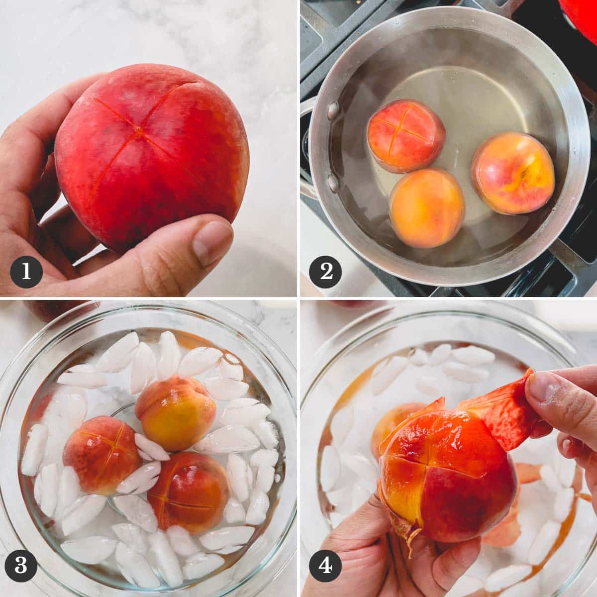 Step by step images of peeling peaches by blanching and ice water bath method.
