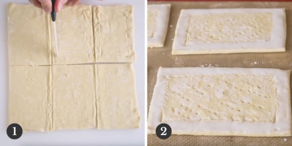 Side by side images of cutting puff pastry and scored shells with edges smeared with heavy cream.