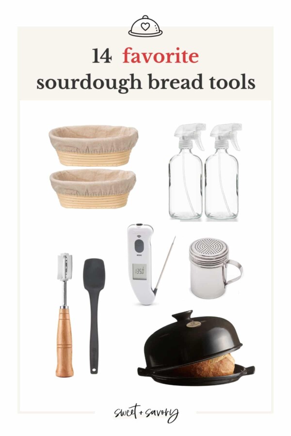 Image of 2 banneton baskets, 2 sprayer bottles, lame, spatula, thermapen, flour shaker and bread cloche.