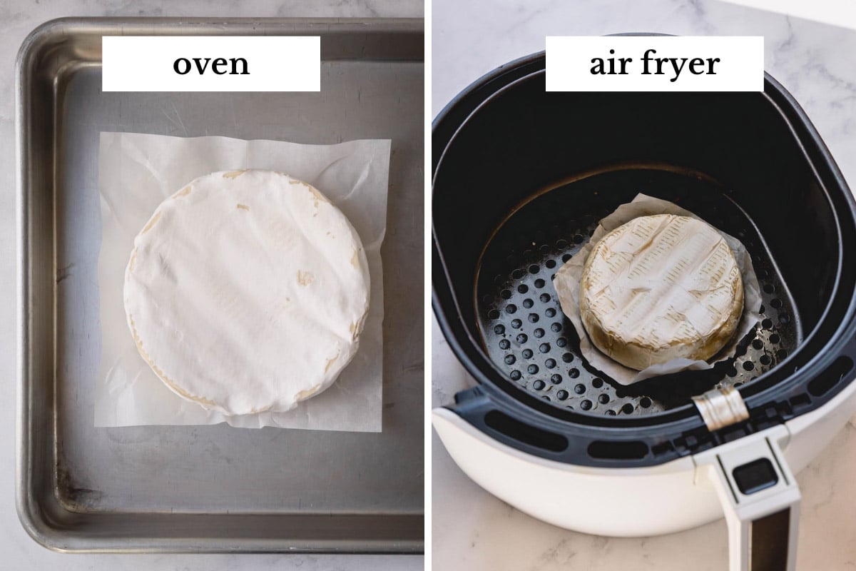 Side by side image of a wheel of brie on a parchment paper for oven and air fryer.