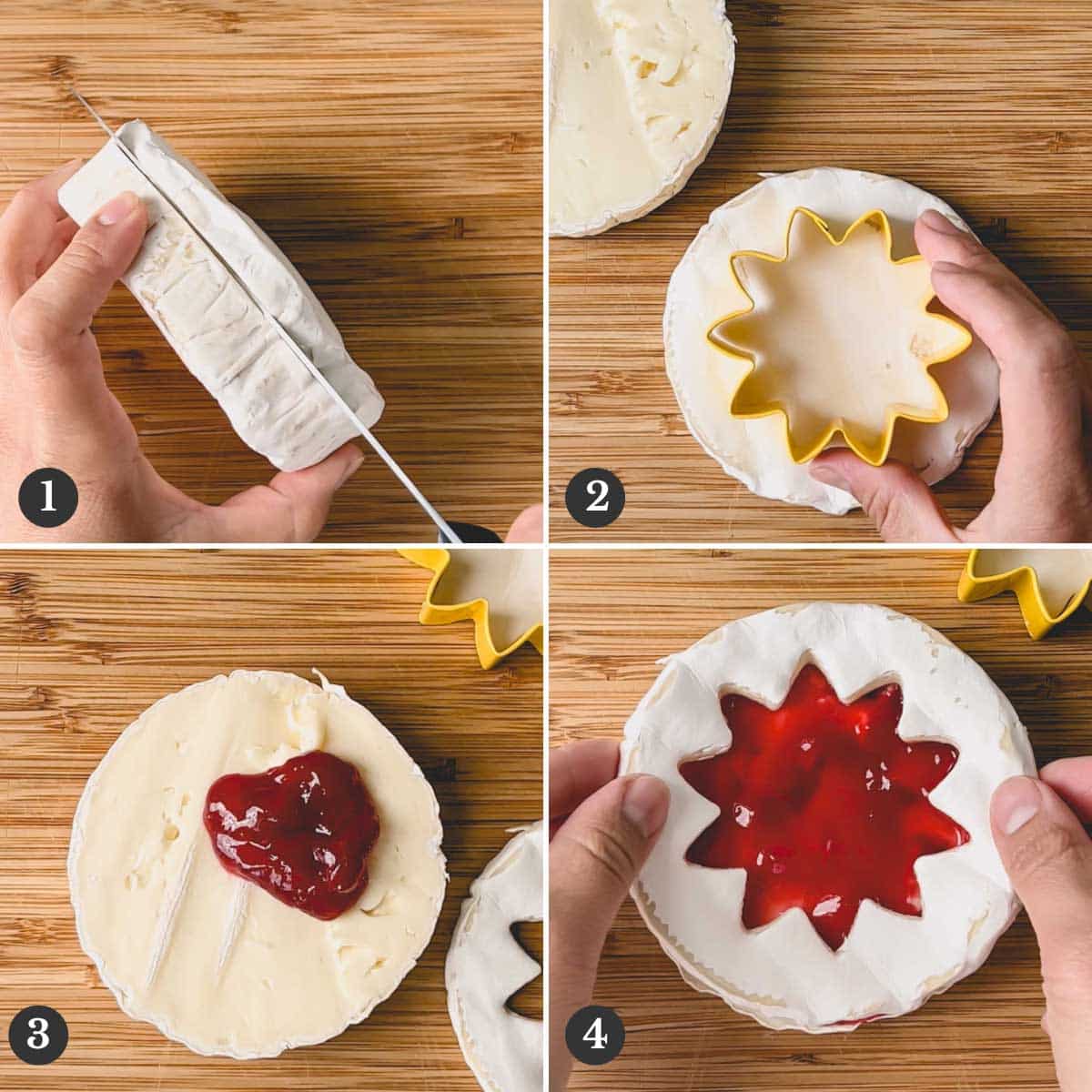 Step by step tutorial to cut out brie and filling with jam.