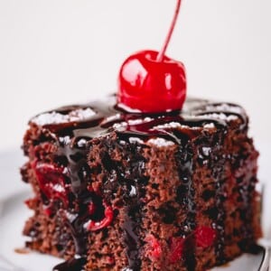 Chocolate cherry cake slice topped with chocolate fudge and maraschino cherry.
