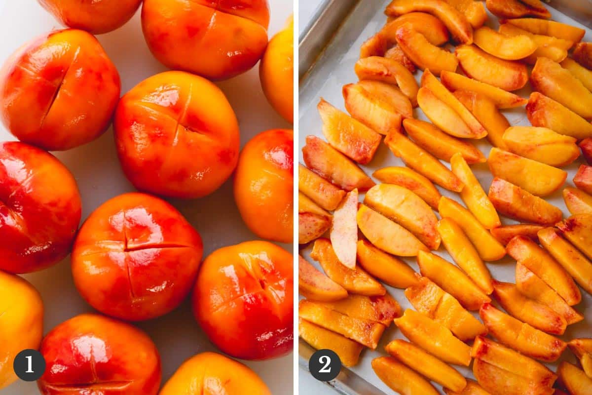 Side by side images of peeled and sliced peaches.