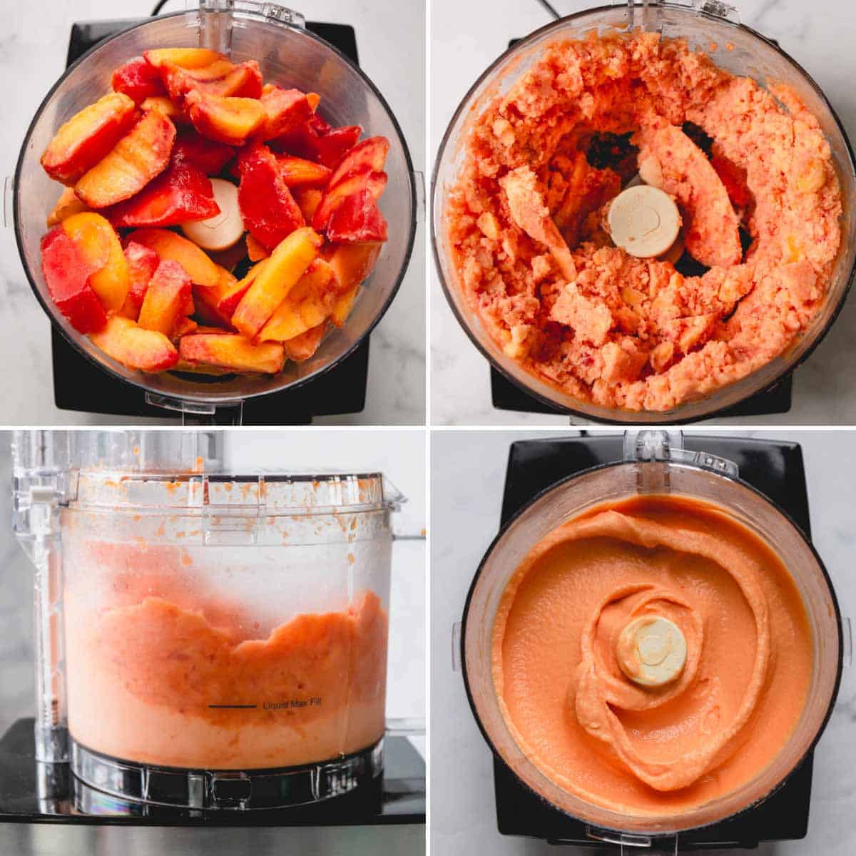 Step by step images of making peach ice cream in a food processor.