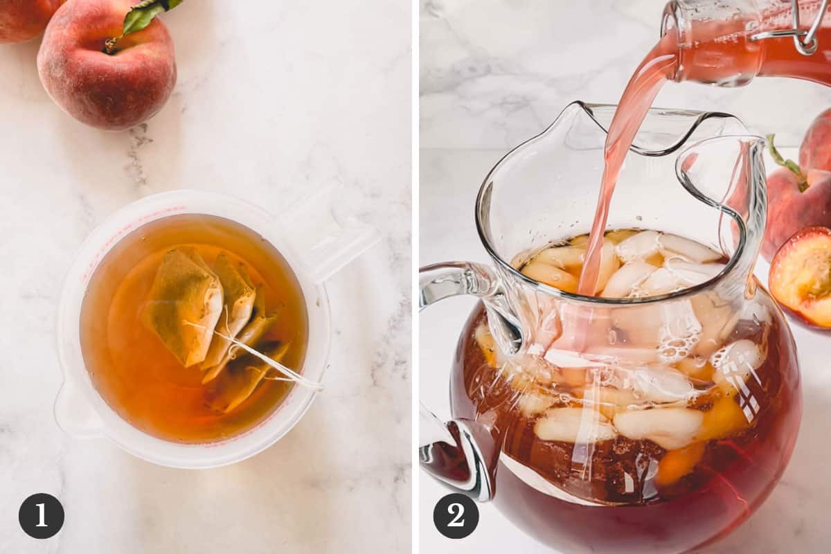 Side by side images of making peach iced tea.