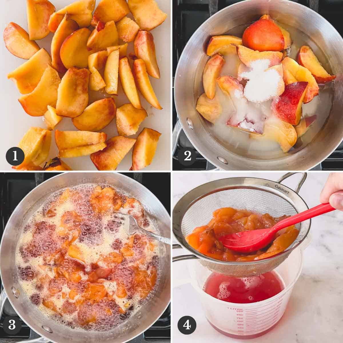 Step by step photos of making peach simple syrup.