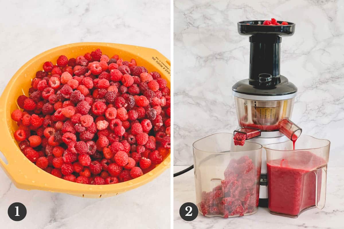 Side by side images of fresh raspberries and juicer extracting raspberry juice.