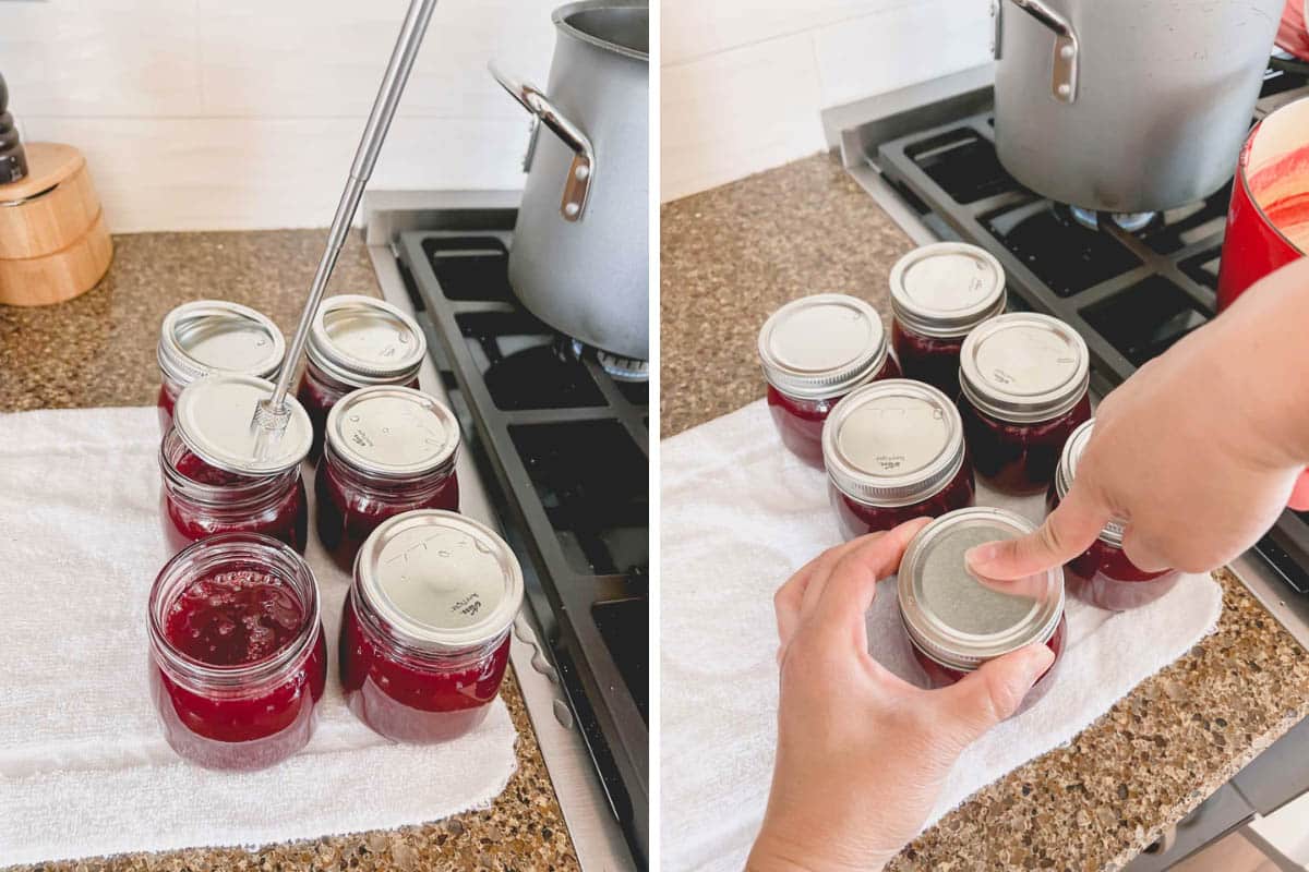 Side by side photos of canning the jelly.