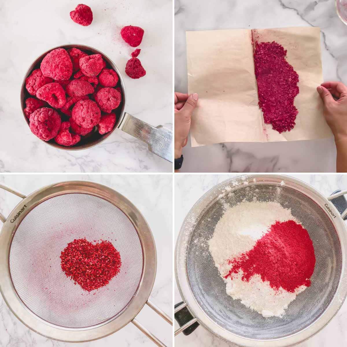 Step by step photos of crushing freeze-dried raspberries and sifting dry ingredients.