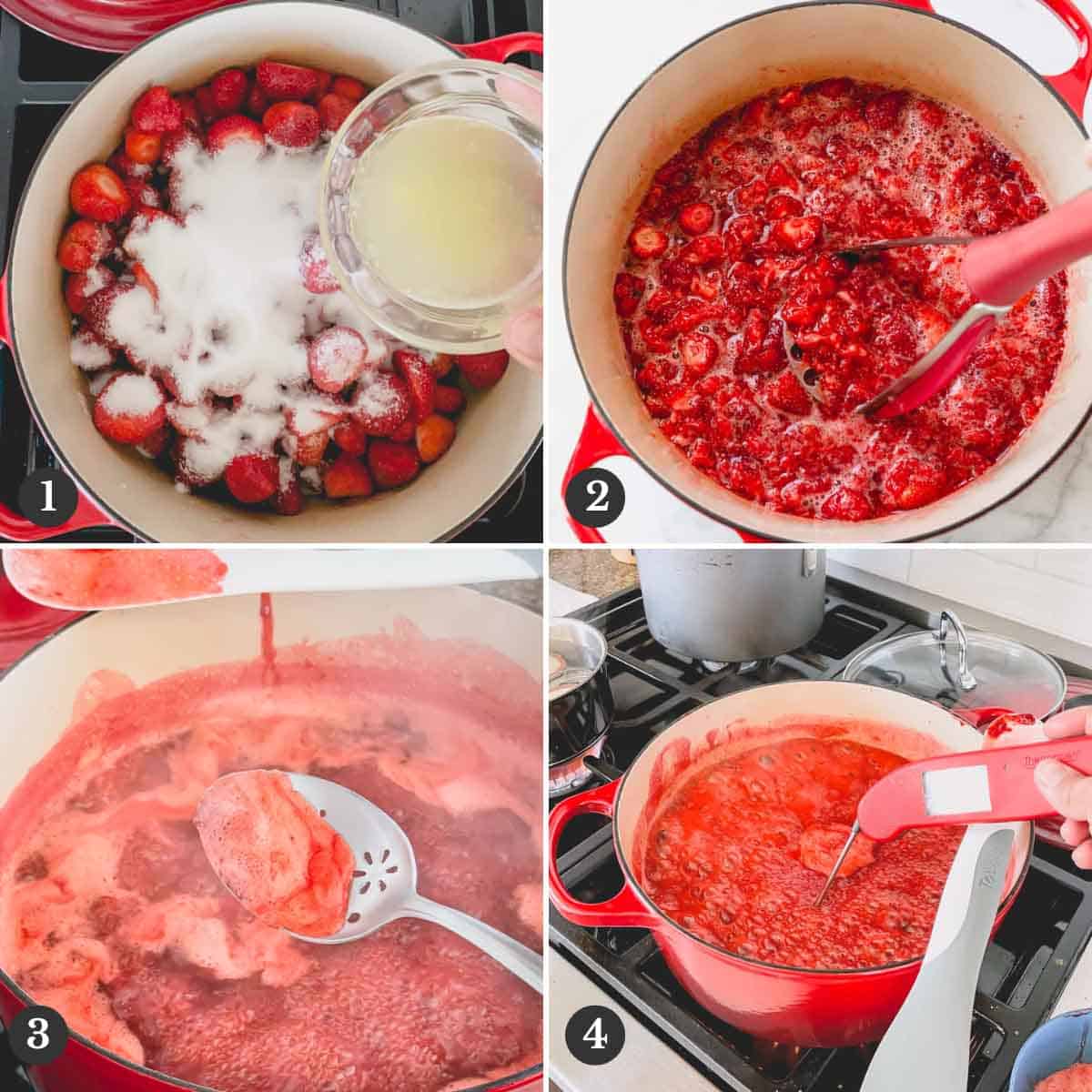 Step by step photos of making strawberry jam in a Dutch oven.
