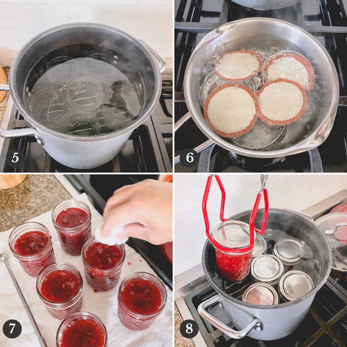 Step by step photos of water canning strawberry jam.