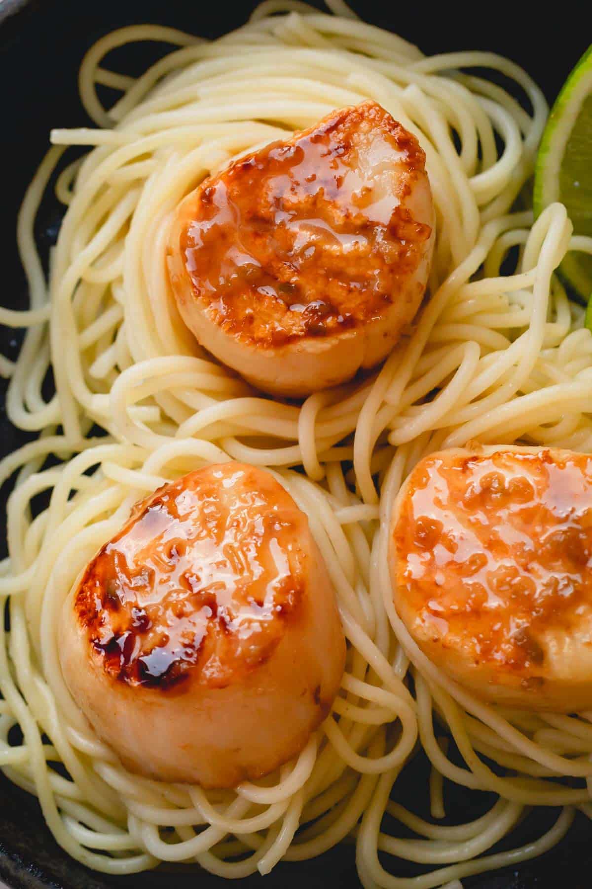 Caramelized scallops over spaghetti.