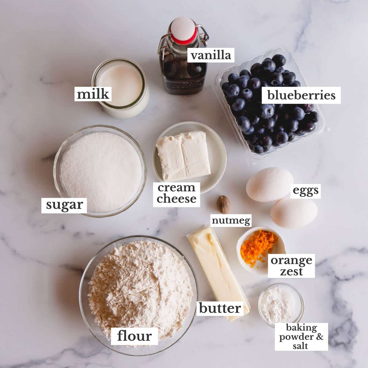 Blueberry cheesecake muffin ingredients.
