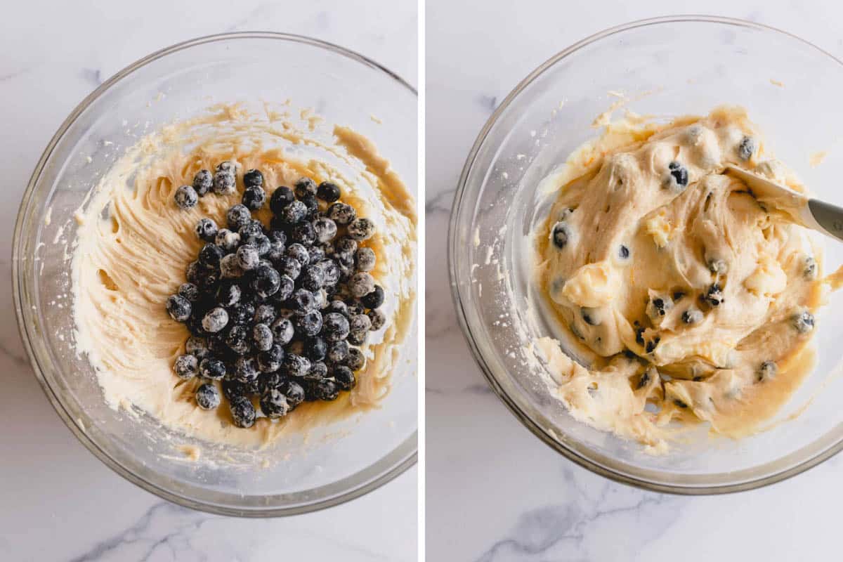 Side by side images of mixing in blueberries into the batter.