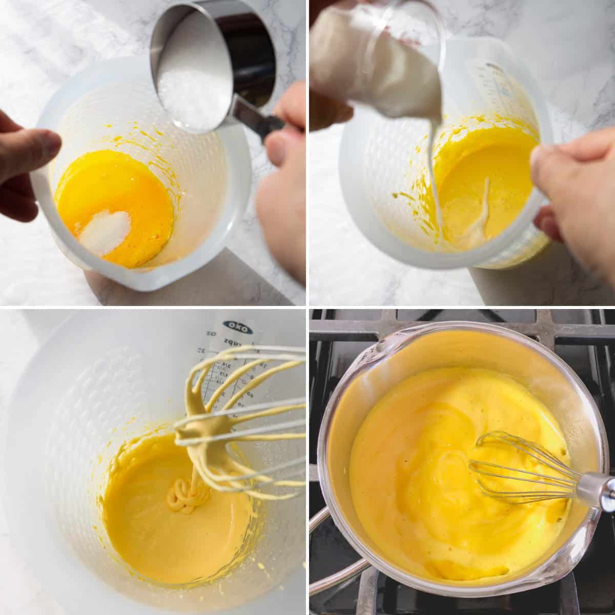 Step by step photos of making egg yolk custard for buttercream.