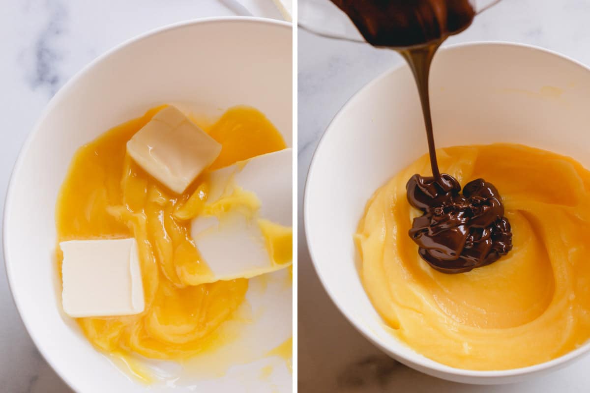 Side by side images of adding butter and melted chocolate into custard mixture.