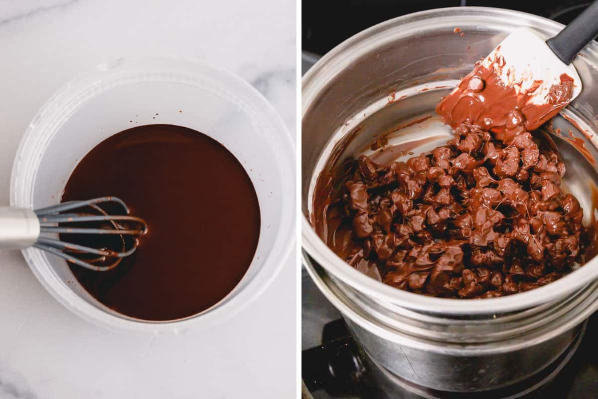 Side by side images of hot cocoa mixture and melted chocolate.