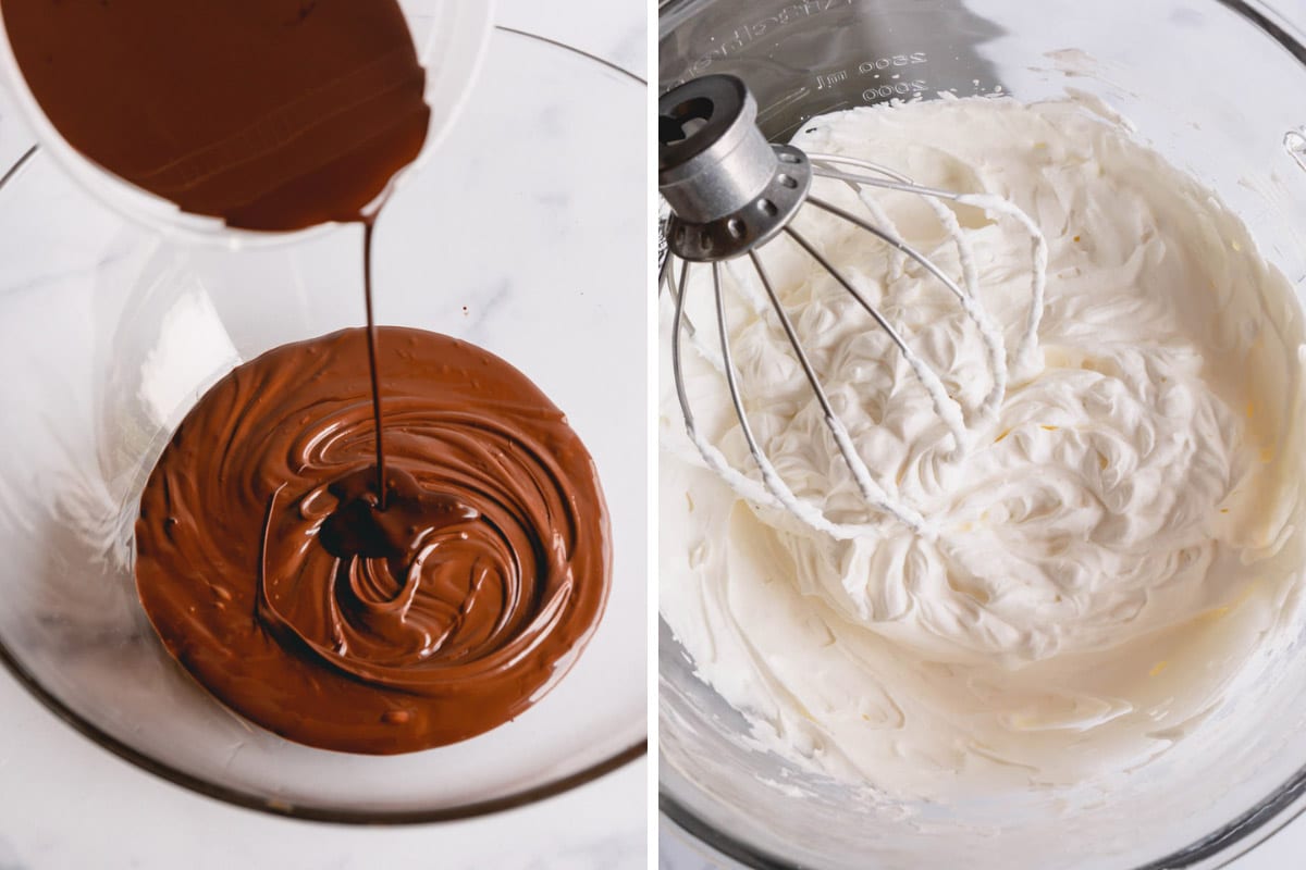 Side by side images of mixing melted chocolate with cocoa mixture and whipped cream.