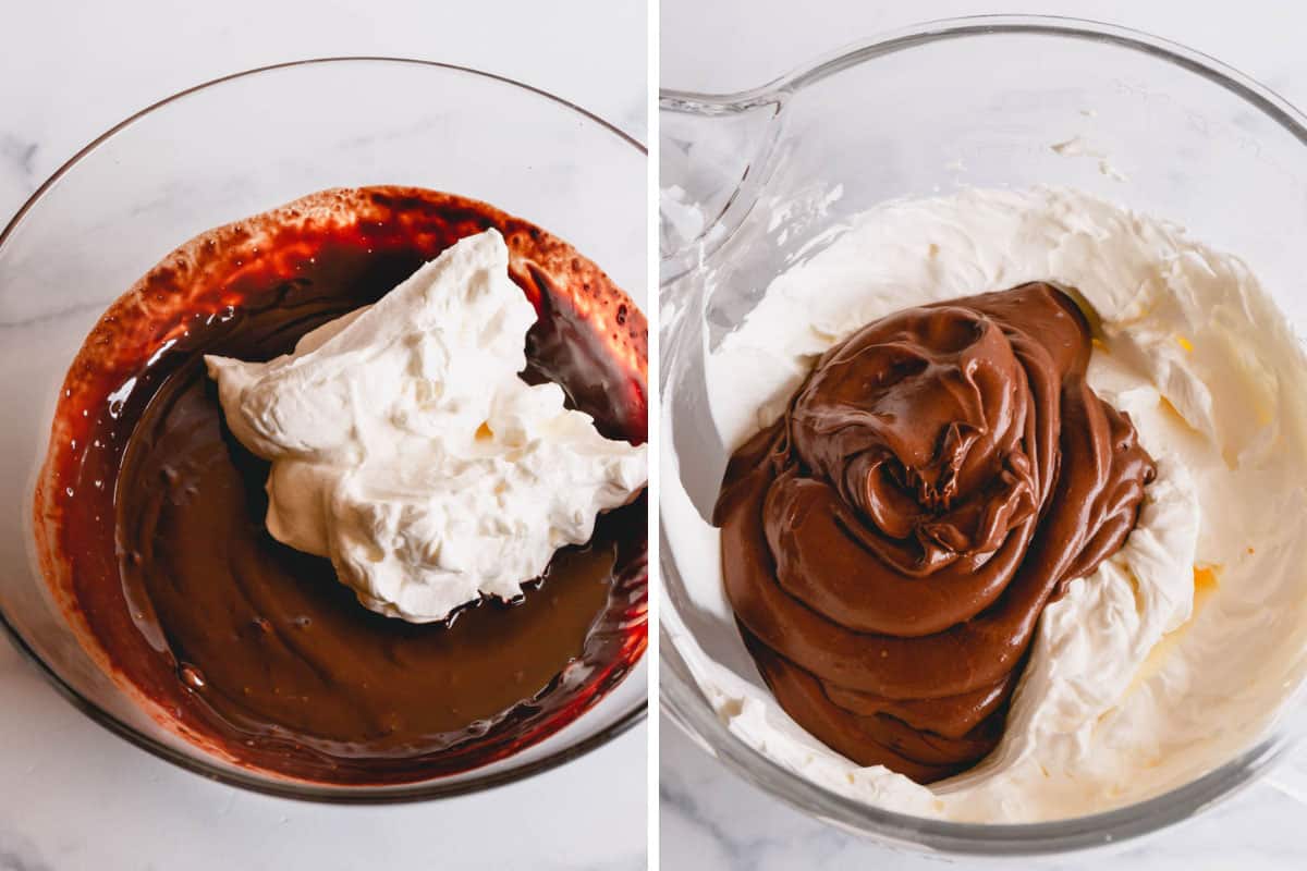 Side by side images of combined melted chocolate mixture with whipped cream.