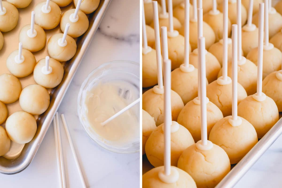 undipped cake pops with sticks in them