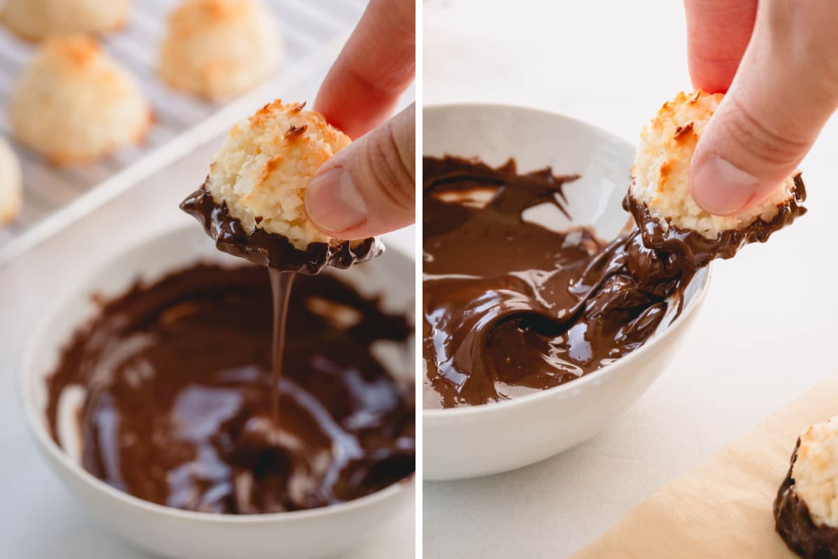 hand dipping coconut macaroon in chocolate