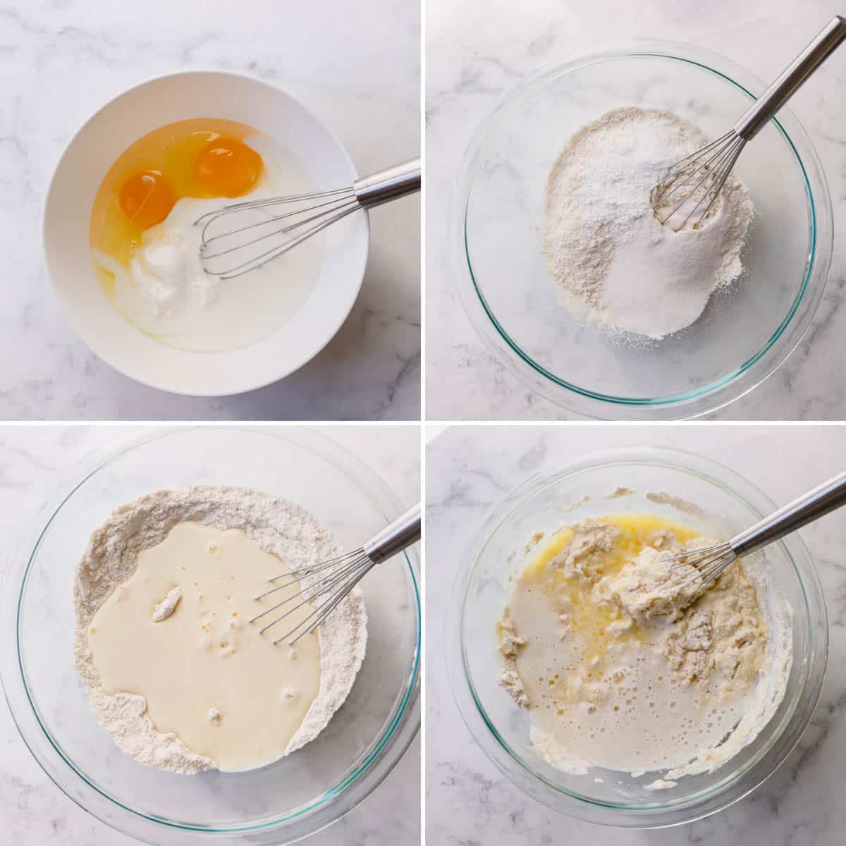 Step by step photos of how to make waffle batter.