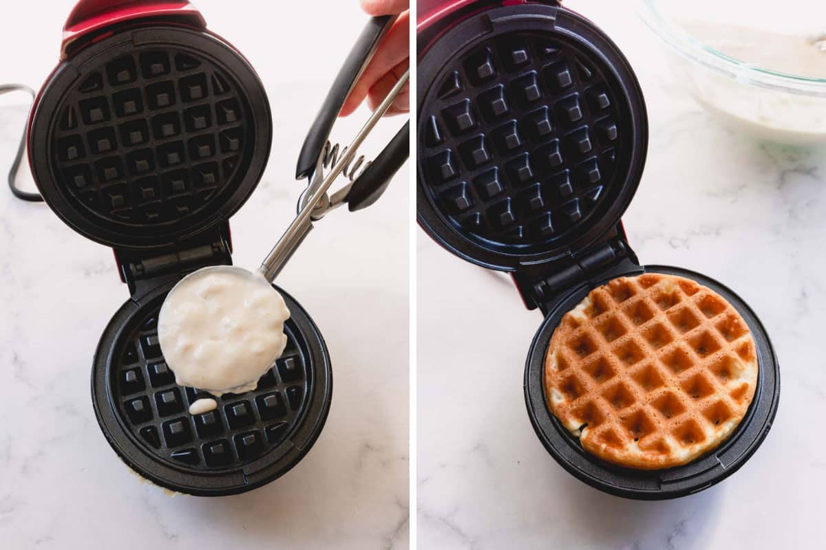 Side by side usages of a scoop of waffle batter and a waffle in waffle iron.