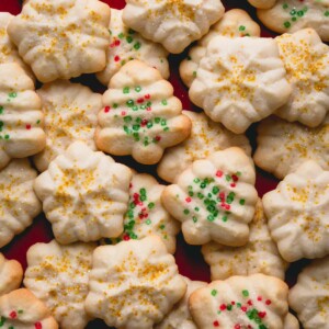 a stack of holiday shaped spritz cookies.