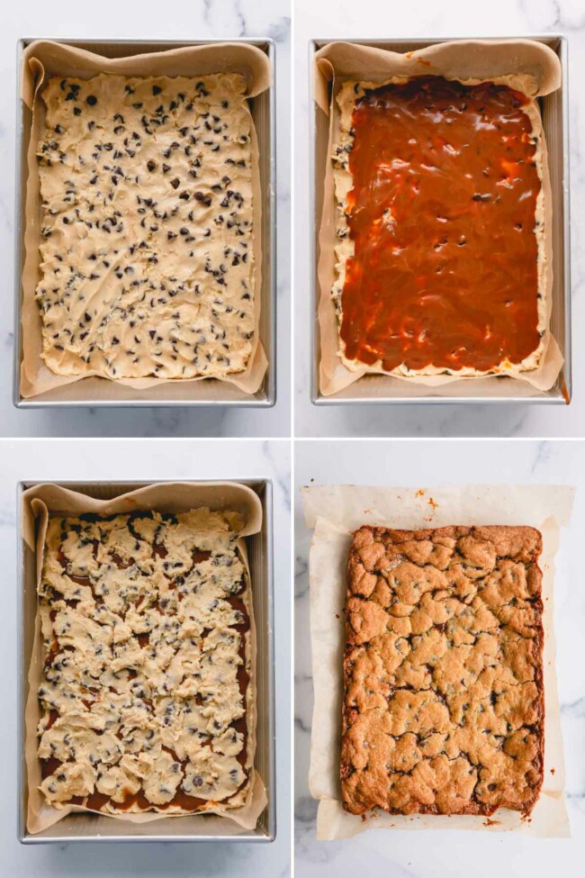 how to assemble caramel cookie bars.