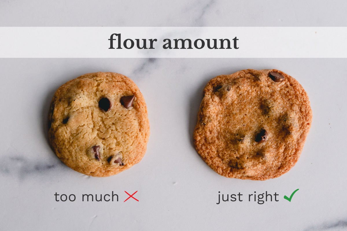 two cookies side by side with different flour amounts