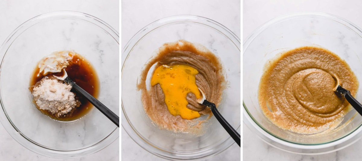 step by step photos of mixing wet ingredients.