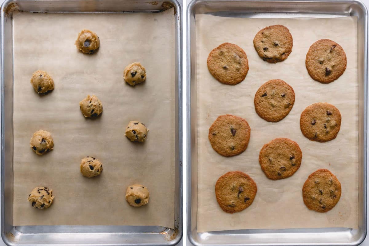 Side by side images of cookie dough balls on sheet pan and chocolate chip cookies on sheet pan.