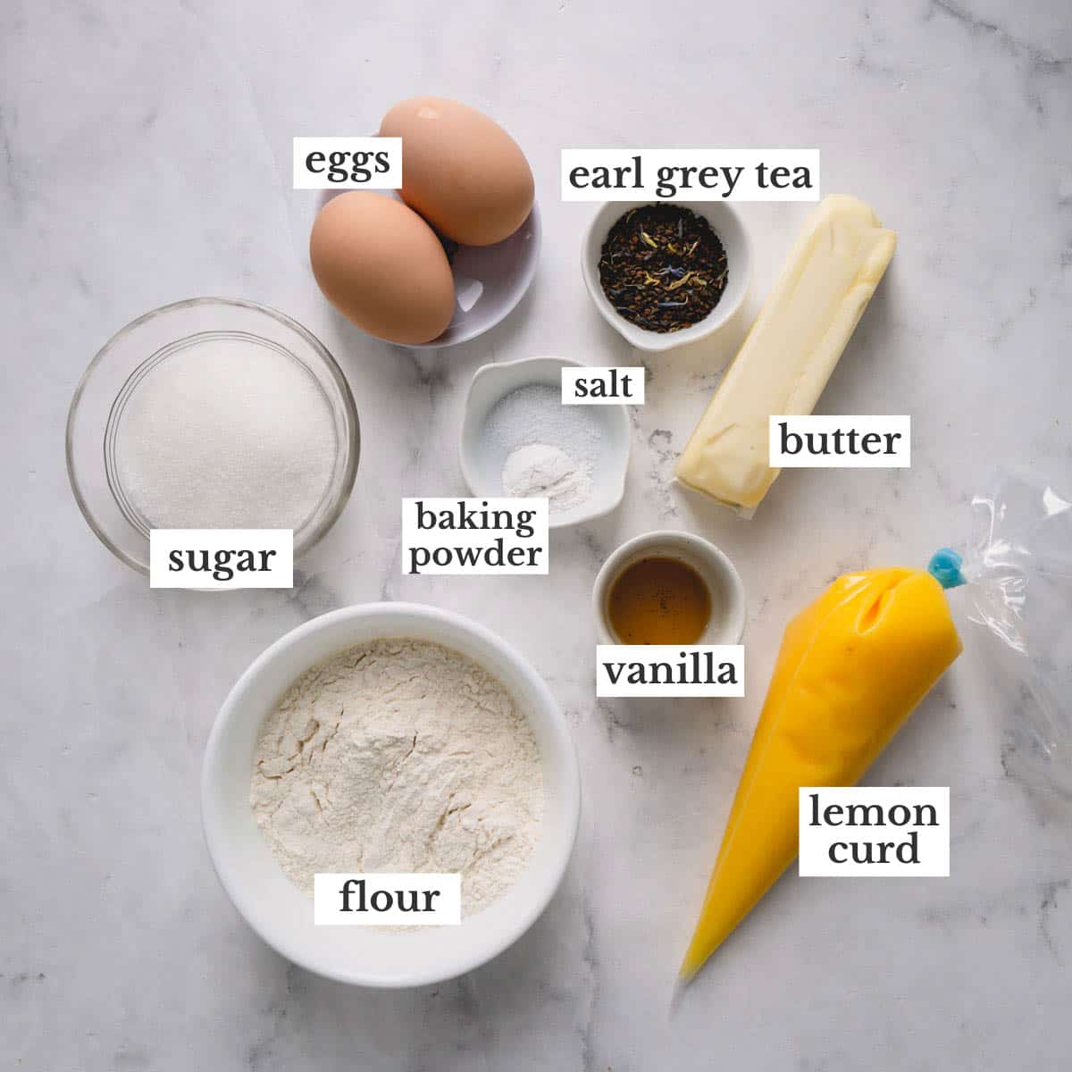 ingredients for earl grey madeleines with lemon curd