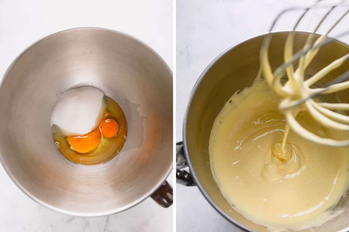 eggs and sugar in bowl, whipped eggs in bowl.