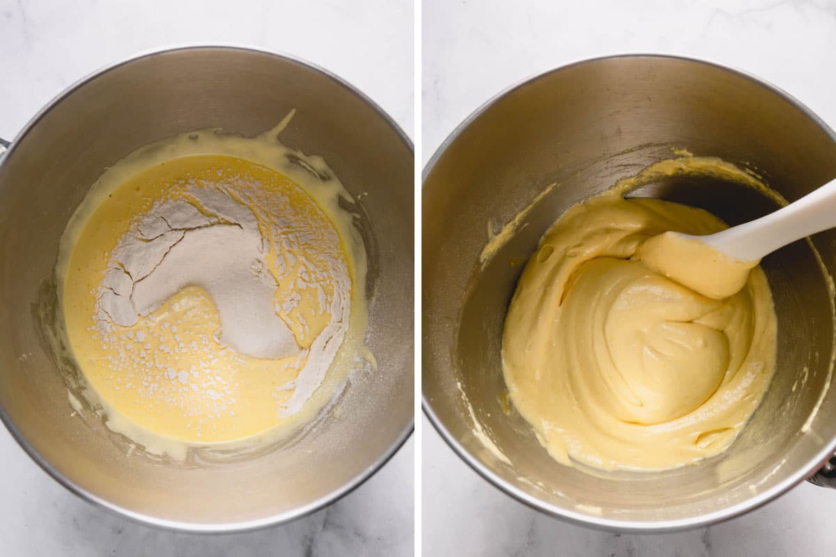 whipped eggs with flour in a bowl.
