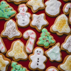 frosted christmas cookies on counter.