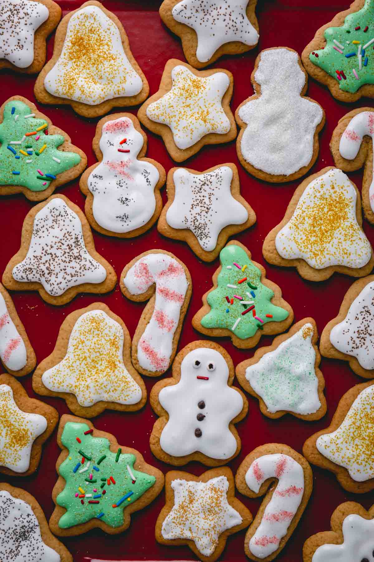 frosted christmas cookies on counter.