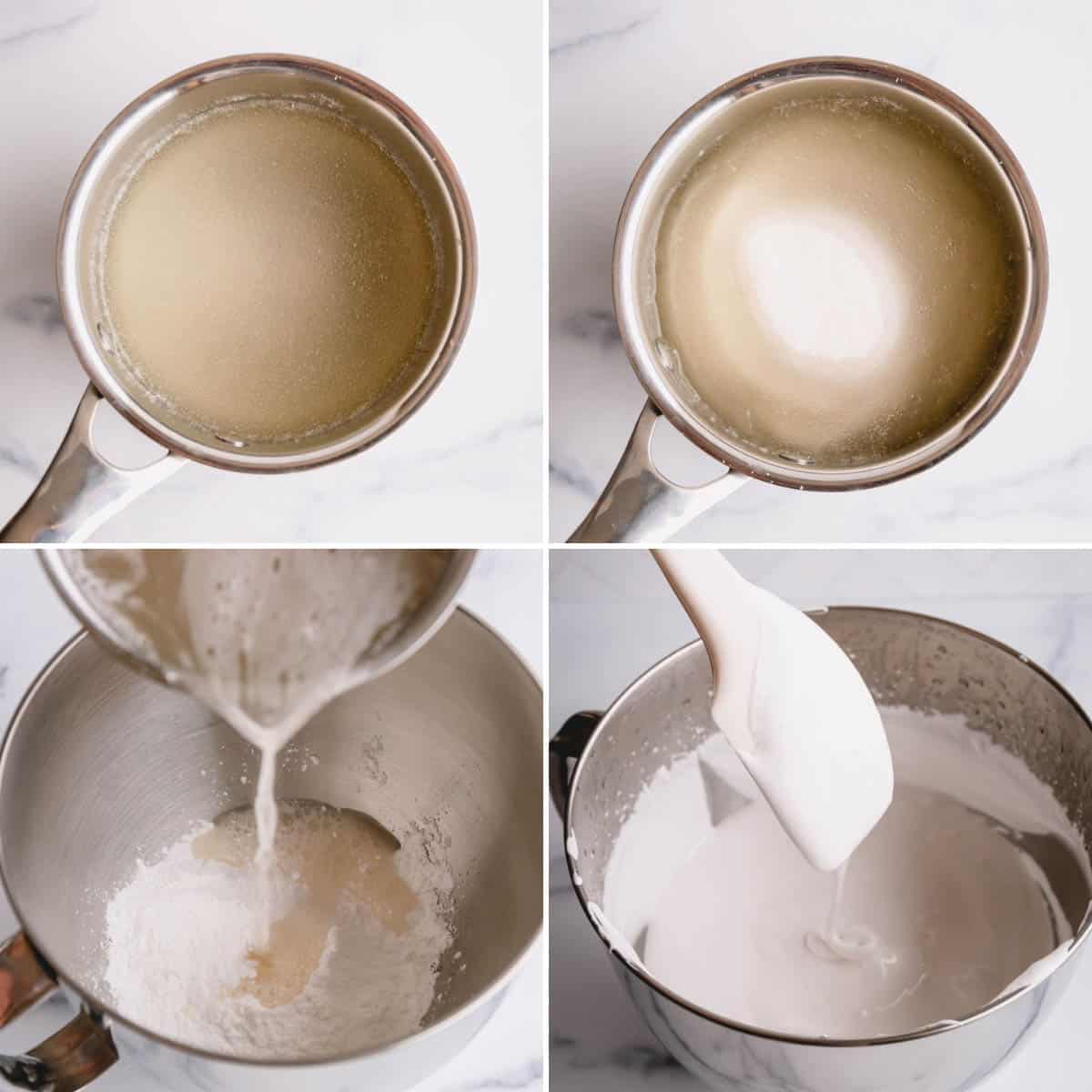 a saucepan with water and sugar, a mixing bowl with frosting.