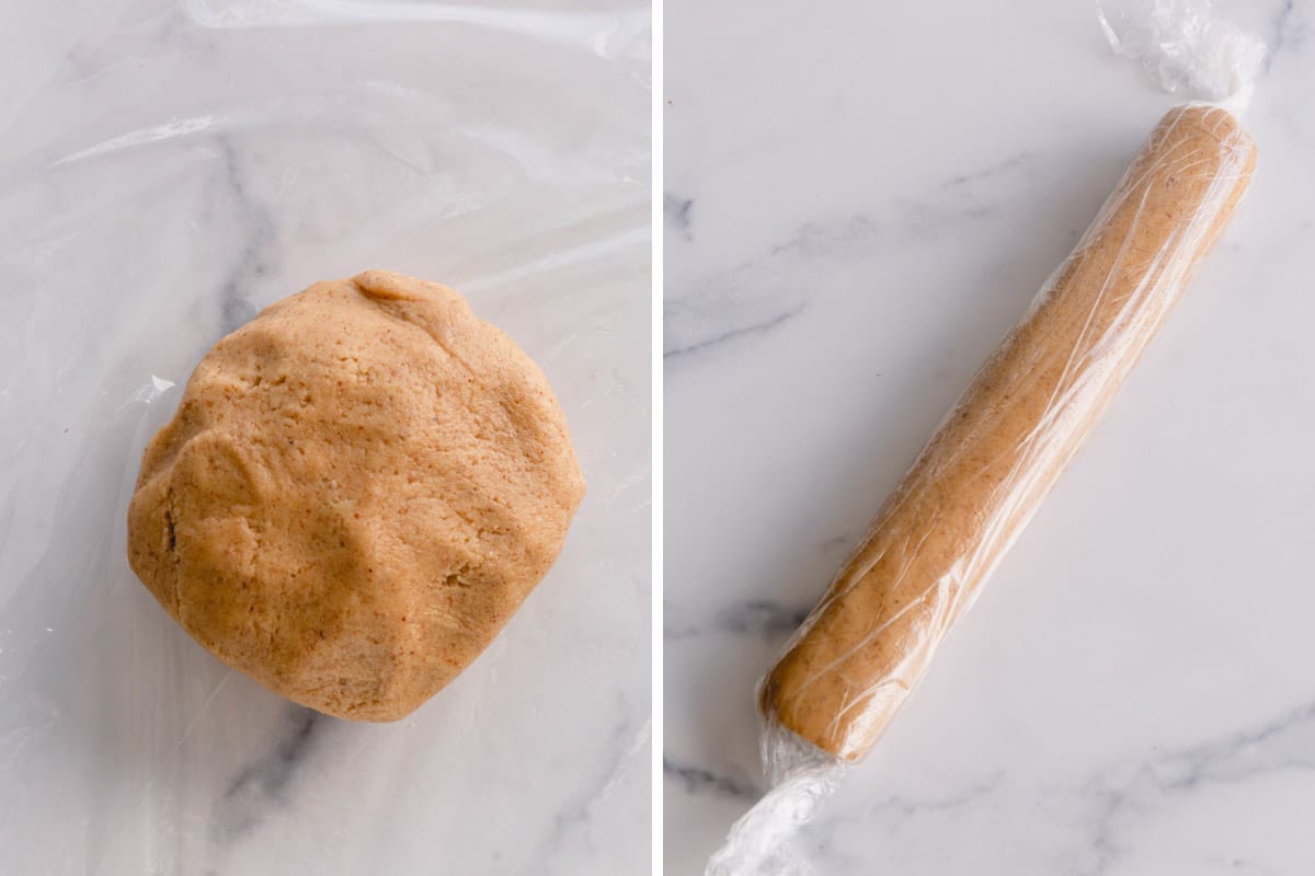 Side by side images of pecan sandies dough ball and shaped into a log and wrapped in plastic.